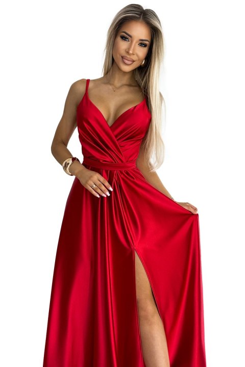 512-5 JULIET elegancka długa satynowa suknia z dekoltem i rozcięciem na nogę - CZERWONA - XL