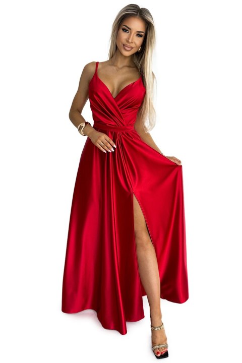 512-5 JULIET elegancka długa satynowa suknia z dekoltem i rozcięciem na nogę - CZERWONA - M 512-5 JULIET elegancka długa satynowa suknia z dekoltem i rozcięciem na nogę - CZERWONA - M