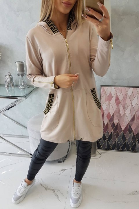 Bluza z ozdobną taśmą beżowa zasuwana z kapturem