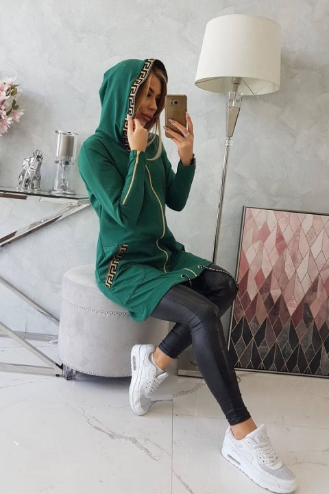Bluza z ozdobną taśmą ciemno zielona zasuwana z kapturem