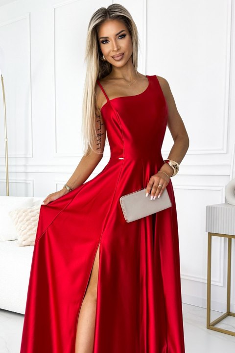 524-1 Długa elegancka satynowa suknia na jedno ramię - CZERWONA - M 524-1 Długa elegancka satynowa suknia na jedno ramię - CZERWONA - M
