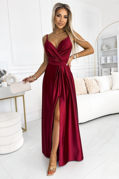 512-6 JULIET elegancka długa satynowa suknia z dekoltem i rozcięciem na nogę - BORDOWA - XL