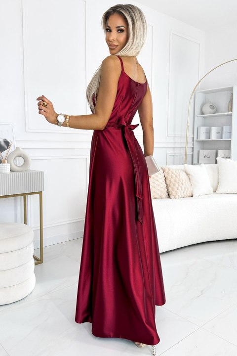 512-6 JULIET elegancka długa satynowa suknia z dekoltem i rozcięciem na nogę - BORDOWA - XL