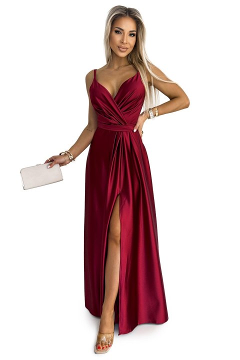 512-6 JULIET elegancka długa satynowa suknia z dekoltem i rozcięciem na nogę - BORDOWA - XL