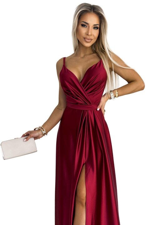 512-6 JULIET elegancka długa satynowa suknia z dekoltem i rozcięciem na nogę - BORDOWA - M 512-6 JULIET elegancka długa satynowa suknia z dekoltem i rozcięciem na nogę - BORDOWA - M