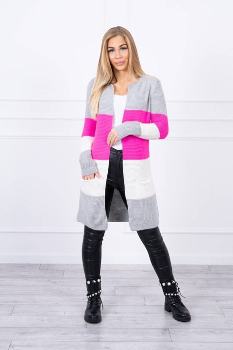 Sweter Kardigan w pasy szary+różowy neon