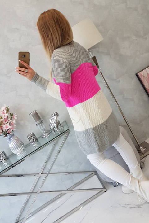 Sweter Kardigan w pasy szary+różowy neon