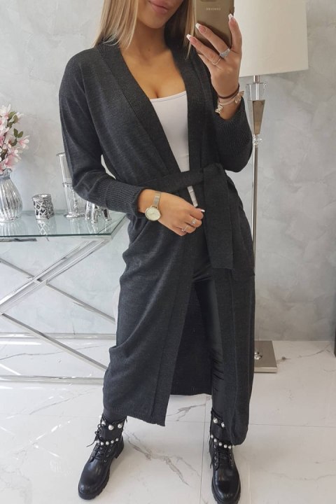 Sweter długi kardigan wiązany w talii grafitowy Sweter długi kardigan wiązany w talii grafitowy