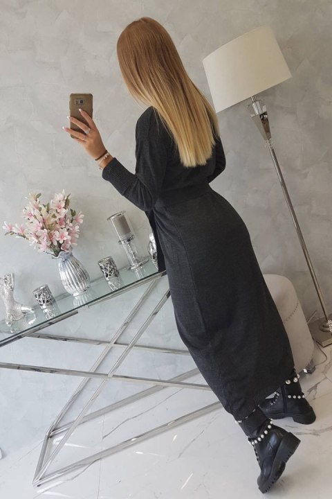 Sweter długi kardigan wiązany w talii grafitowy Sweter długi kardigan wiązany w talii grafitowy