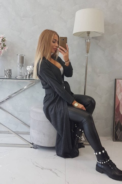 Sweter długi kardigan wiązany w talii grafitowy Sweter długi kardigan wiązany w talii grafitowy