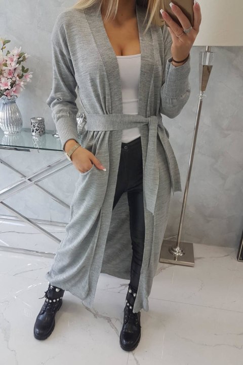 Sweter długi kardigan wiązany w talii szary Sweter długi kardigan wiązany w talii szary