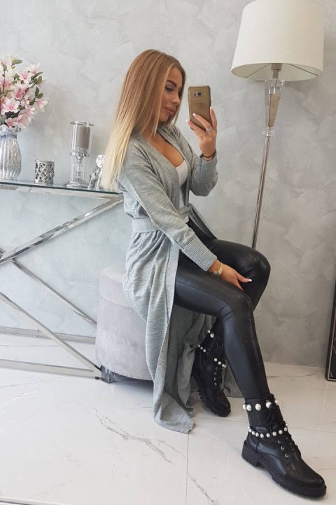 Sweter długi kardigan wiązany w talii szary Sweter długi kardigan wiązany w talii szary