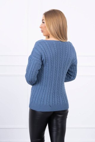 Sweter pleciony z dekoltem V jeansowy, modny splot warkoczy