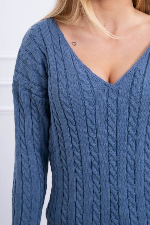 Sweter pleciony z dekoltem V jeansowy, modny splot warkoczy