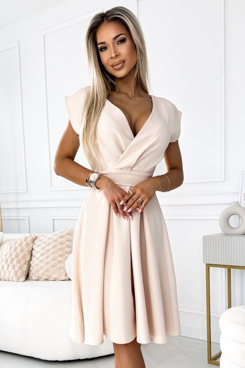 348-7 SCARLETT rozkloszowana sukienka z dekoltem i paskiem - BEŻOWA - XXL