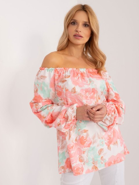 Bluzka hiszpanka z marszonymi rękawami w brzoskwiniowe kwiaty L/XL Bluzka hiszpanka z marszonymi rękawami w brzoskwiniowe kwiaty L/XL