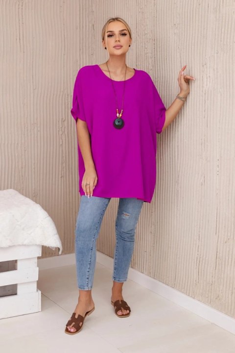 Bluzka oversize z wisiorkiem fioletowa, krótki rękaw Bluzka oversize z wisiorkiem fioletowa, krótki rękaw