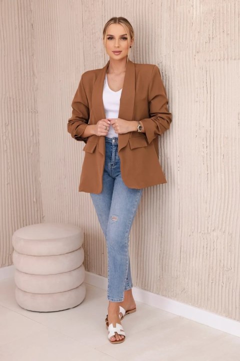 Marynarka z klapami elegancka ciemno camelowa, bez zapięcia Marynarka z klapami elegancka ciemno camelowa, bez zapięcia