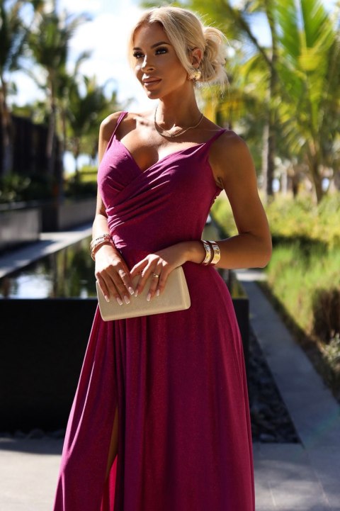299-19 CHIARA elegancka maxi długa suknia na ramiączkach - FUKSJA Z BROKATEM - M 299-19 CHIARA elegancka maxi długa suknia na ramiączkach - FUKSJA Z BROKATEM - M
