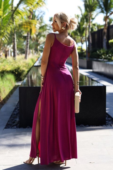 299-19 CHIARA elegancka maxi długa suknia na ramiączkach - FUKSJA Z BROKATEM - M 299-19 CHIARA elegancka maxi długa suknia na ramiączkach - FUKSJA Z BROKATEM - M