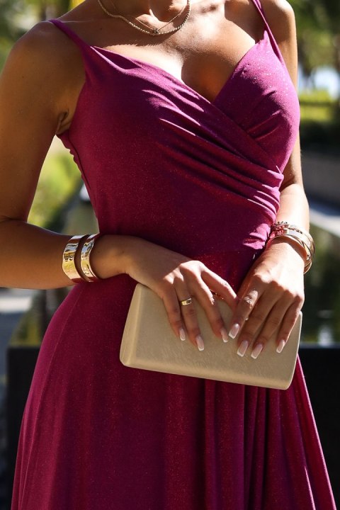 299-19 CHIARA elegancka maxi długa suknia na ramiączkach - FUKSJA Z BROKATEM - S 299-19 CHIARA elegancka maxi długa suknia na ramiączkach - FUKSJA Z BROKATEM - S