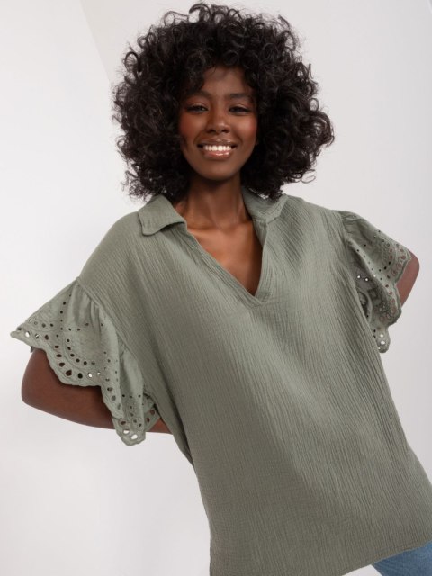 Bluzka oversize khaki muślinowa ażurowy rękaw Bluzka oversize khaki muślinowa ażurowy rękaw