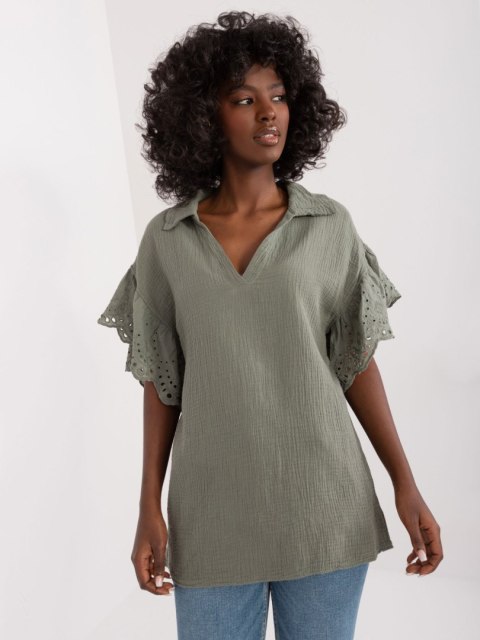 Bluzka oversize khaki muślinowa ażurowy rękaw Bluzka oversize khaki muślinowa ażurowy rękaw