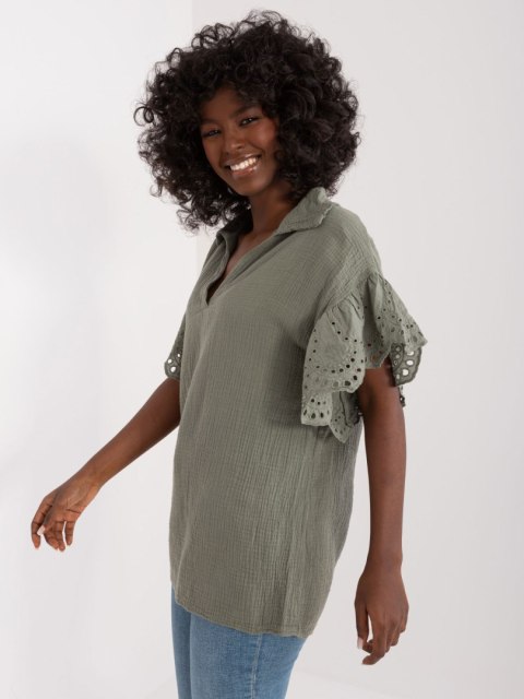 Bluzka oversize khaki muślinowa ażurowy rękaw Bluzka oversize khaki muślinowa ażurowy rękaw