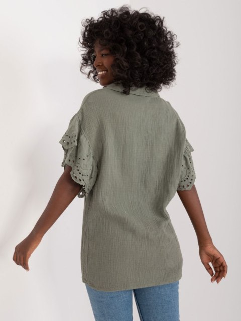 Bluzka oversize khaki muślinowa ażurowy rękaw Bluzka oversize khaki muślinowa ażurowy rękaw