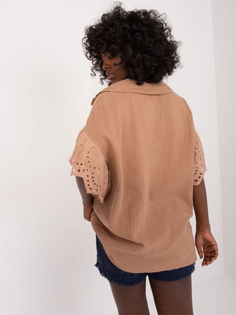 Bluzka oversize camelowa muślinowa ażurowy rękaw Bluzka oversize camelowa muślinowa ażurowy rękaw