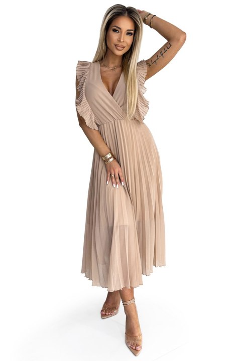 315-6 EMILY Plisowana sukienka z falbankami na ramionach i dekoltem - BEŻOWA - XXL 315-6 EMILY Plisowana sukienka z falbankami na ramionach i dekoltem - BEŻOWA - XXL