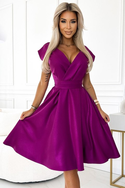 348-8 SCARLETT rozkloszowana sukienka z kopertowym dekoltem i paskiem - FUKSJA Z BROKATEM - XXL 348-8 SCARLETT rozkloszowana sukienka z kopertowym dekoltem i paskiem - FUKSJA Z BROKATEM - XXL