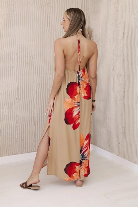 Sukienka wiązana na szyi camelowa letnia, maxi w kwiaty Sukienka wiązana na szyi camelowa letnia, maxi w kwiaty