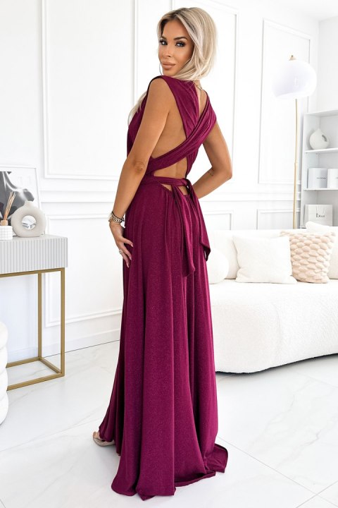 509-3 Elegancka długa suknia wiązana na wiele sposobów - BORDOWA z brokatem - UNI 509-3 Elegancka długa suknia wiązana na wiele sposobów - BORDOWA z brokatem - UNI
