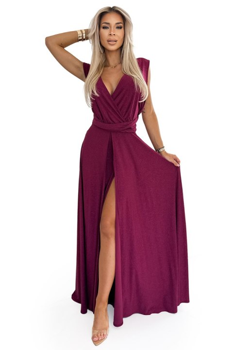 509-3 Elegancka długa suknia wiązana na wiele sposobów - BORDOWA z brokatem - UNI 509-3 Elegancka długa suknia wiązana na wiele sposobów - BORDOWA z brokatem - UNI