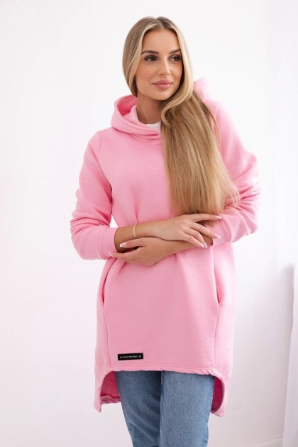 Bluza ocieplana z dłuższym tyłem jasno różowa, z kapturem, asymetryczna