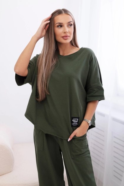 Włoski komplet bawełniany – oversize'owa bluzka i luźne spodnie, khaki
