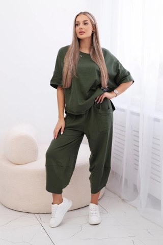 Włoski komplet bawełniany – oversize'owa bluzka i luźne spodnie, khaki