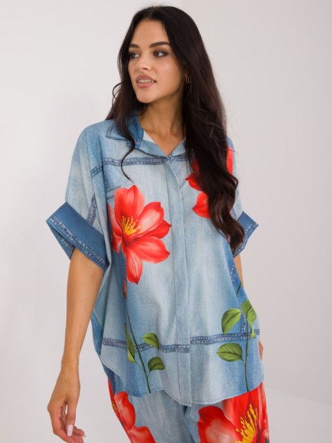 Koszula damska niebieska oversize z printem Koszula damska niebieska oversize z printem