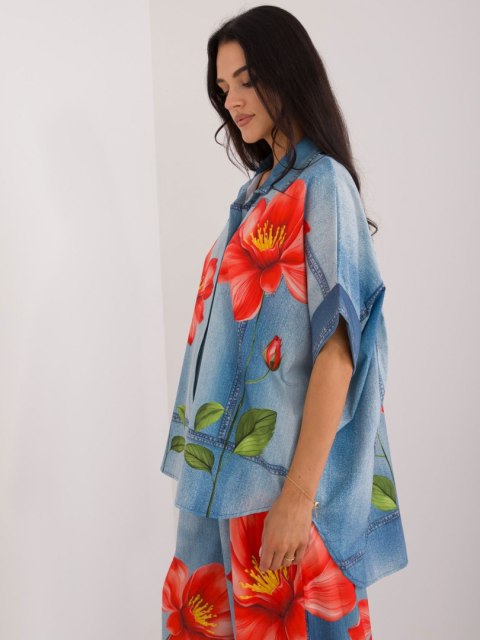 Koszula damska niebieska oversize z printem Koszula damska niebieska oversize z printem