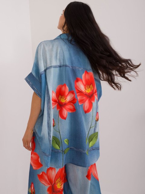 Koszula damska niebieska oversize z printem Koszula damska niebieska oversize z printem