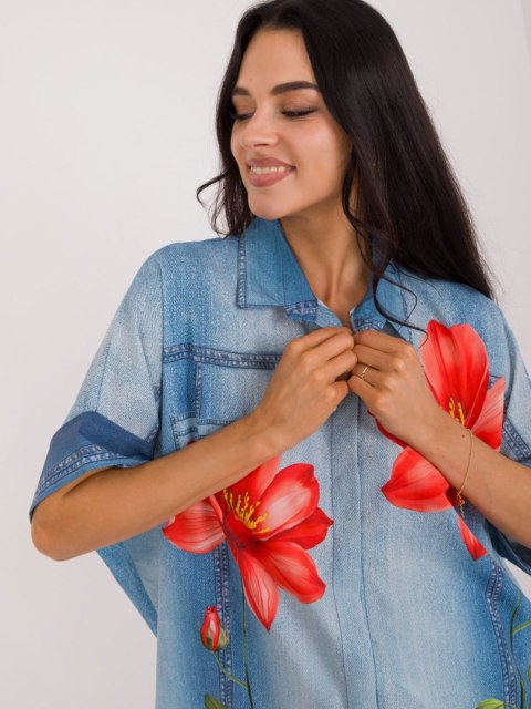 Koszula damska niebieska oversize z printem Koszula damska niebieska oversize z printem