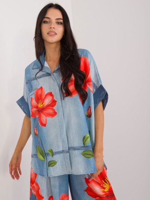 Koszula damska niebieska oversize z printem Koszula damska niebieska oversize z printem