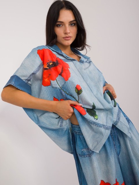 Koszula damska niebieska oversize z printem Koszula damska niebieska oversize z printem
