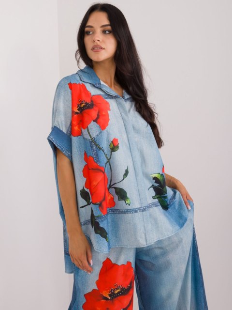 Koszula damska niebieska oversize z printem Koszula damska niebieska oversize z printem