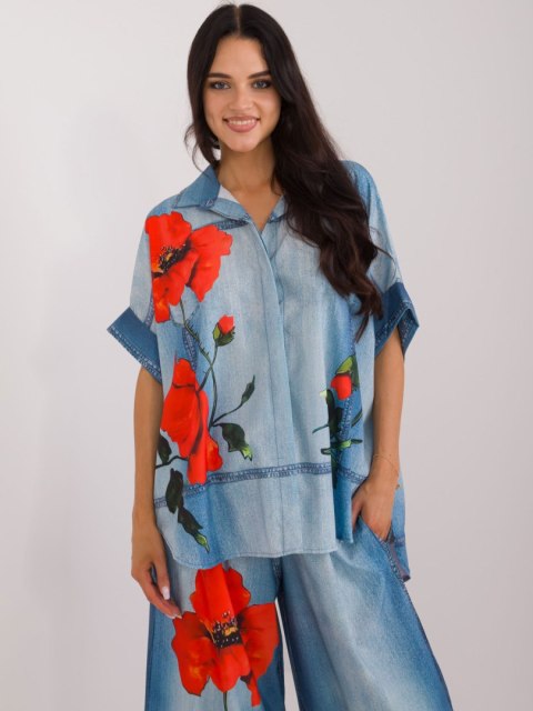 Koszula damska niebieska oversize z printem Koszula damska niebieska oversize z printem