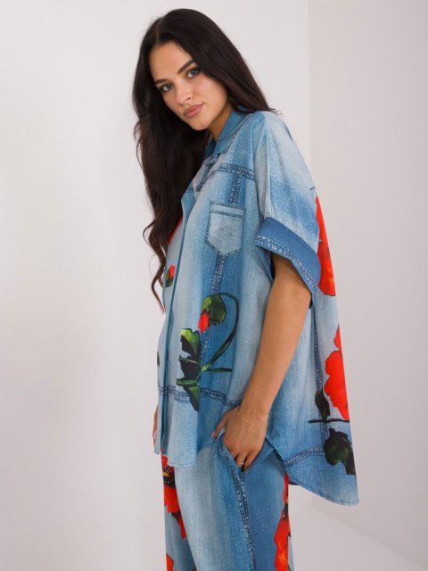 Koszula damska niebieska oversize z printem Koszula damska niebieska oversize z printem