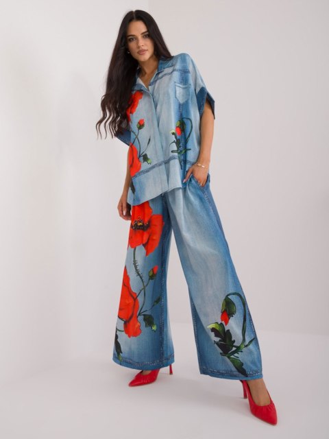 Koszula damska niebieska oversize z printem Koszula damska niebieska oversize z printem