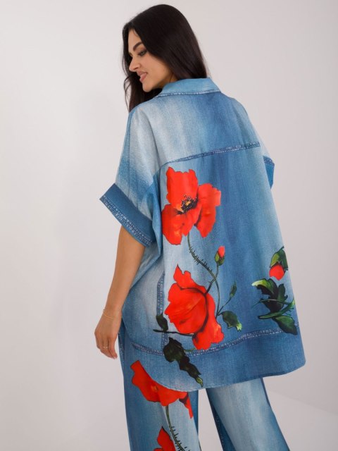 Koszula damska niebieska oversize z printem Koszula damska niebieska oversize z printem