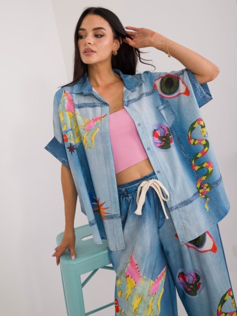 Koszula damska niebieska oversize z printem Koszula damska niebieska oversize z printem